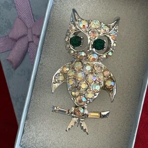 Vintage Aurora Crystal Owl Brooch with Emerald Rhinestone Eyes
